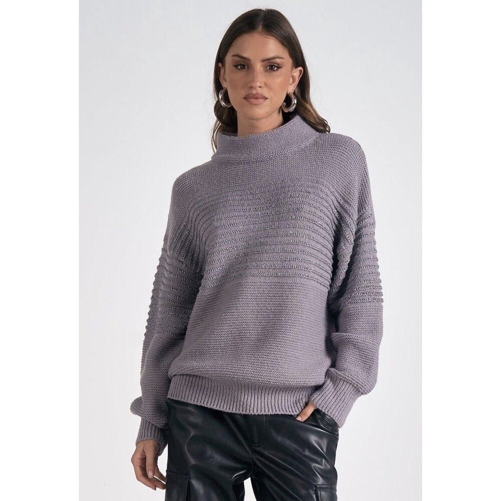 Elan Dark Grey Knit Pullover Sweater Mock Neck Women's M